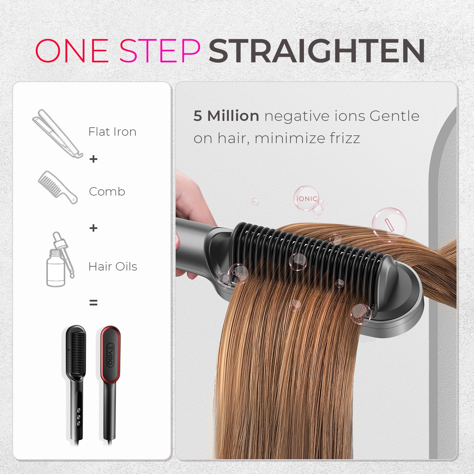 Ionic titanium hair straightener brush with temperature control